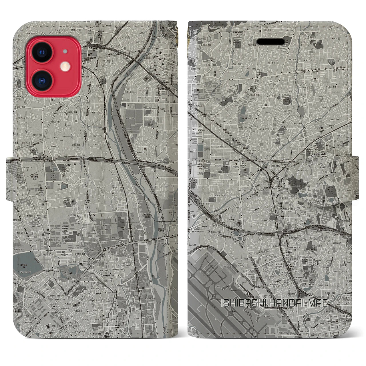 【石橋阪大前（大阪府）】地図柄iPhoneケース（手帳タイプ）モノトーン・iPhone 11 用