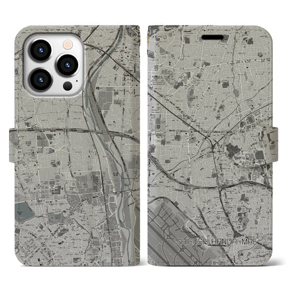 【石橋阪大前（大阪府）】地図柄iPhoneケース（手帳タイプ）モノトーン・iPhone 13 Pro 用