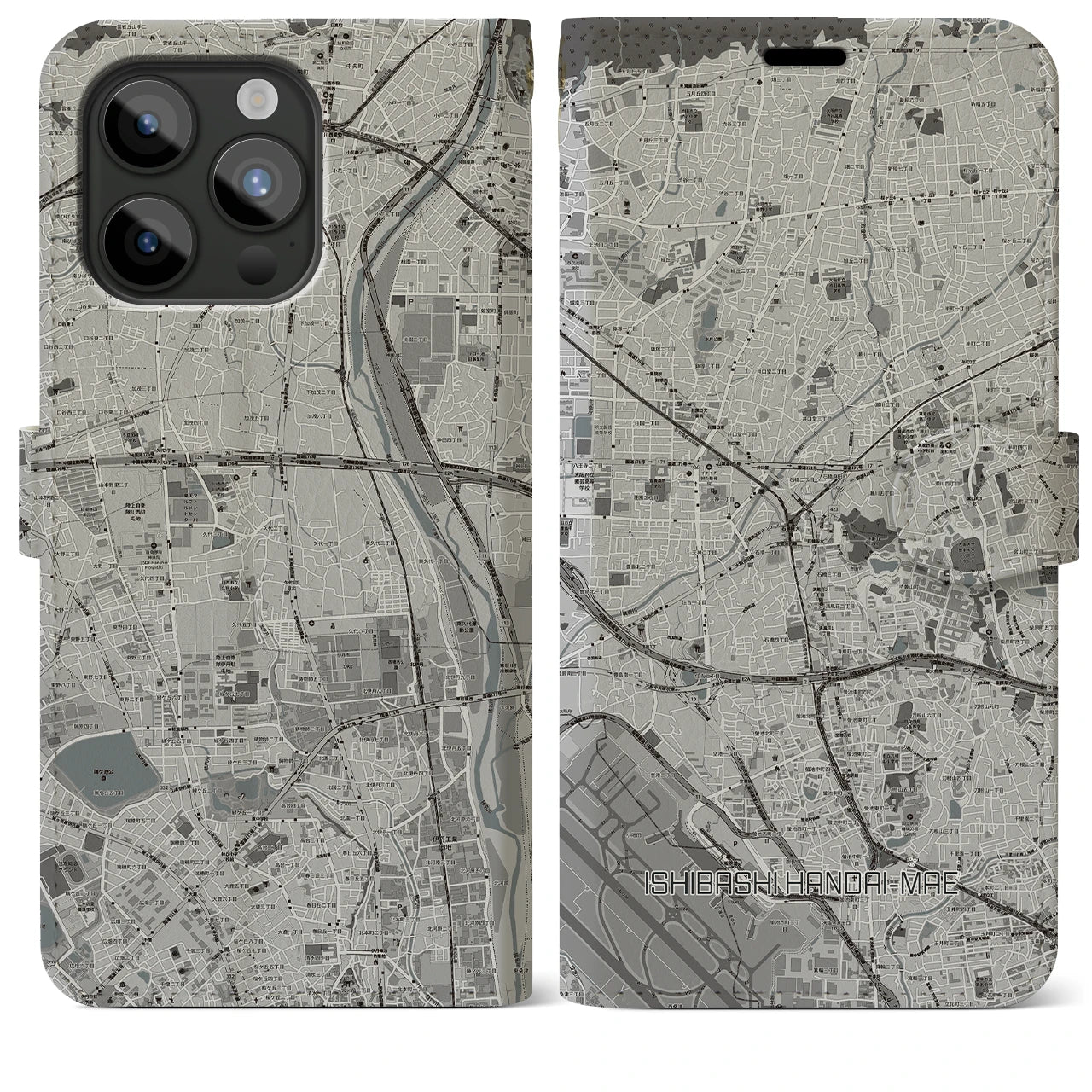 【石橋阪大前】地図柄iPhoneケース（手帳両面タイプ・モノトーン）iPhone 15 Pro Max 用