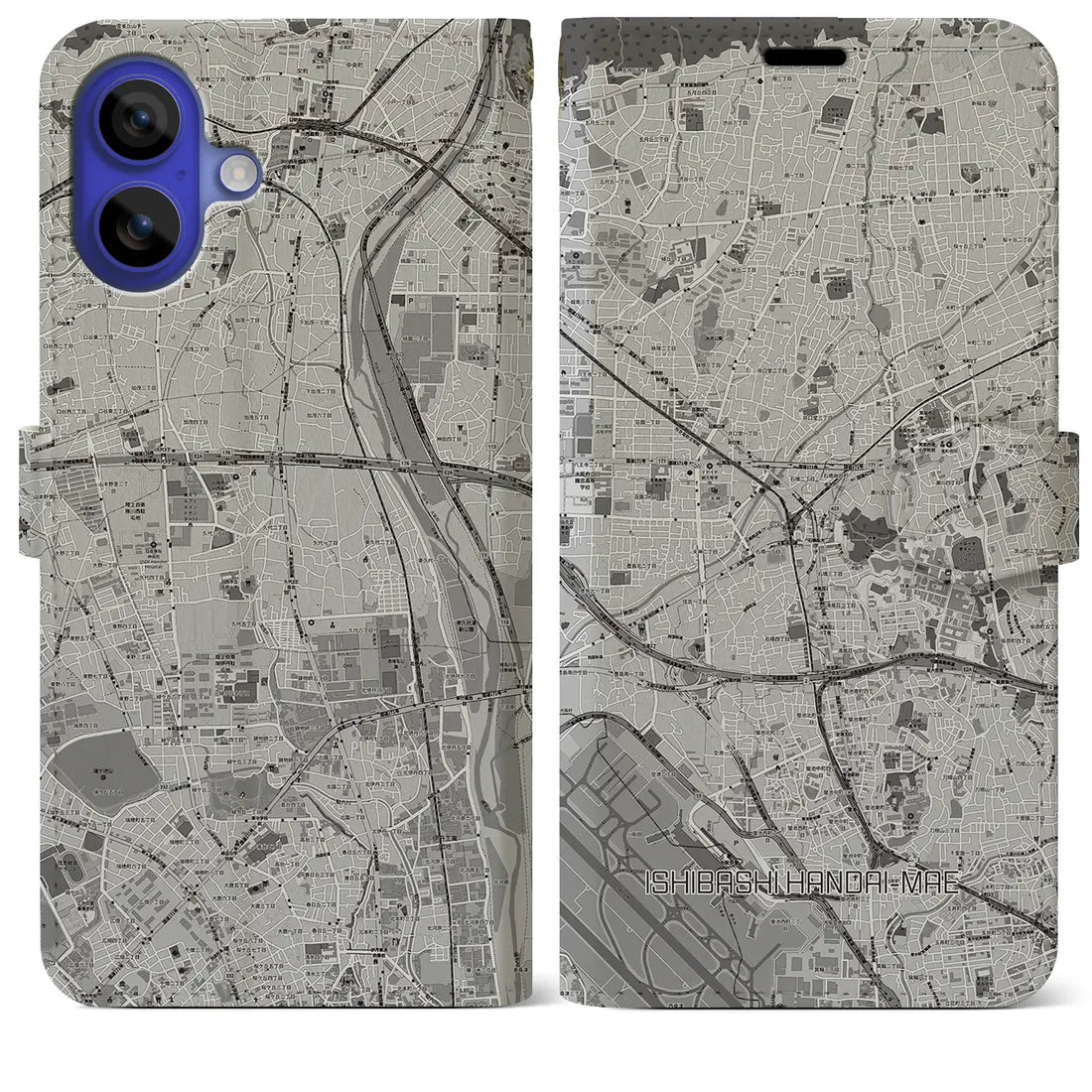 【石橋阪大前(大阪府)】地図柄iPhoneケース(手帳タイプ)モノトーン・iPhone 16 Pro Max 用