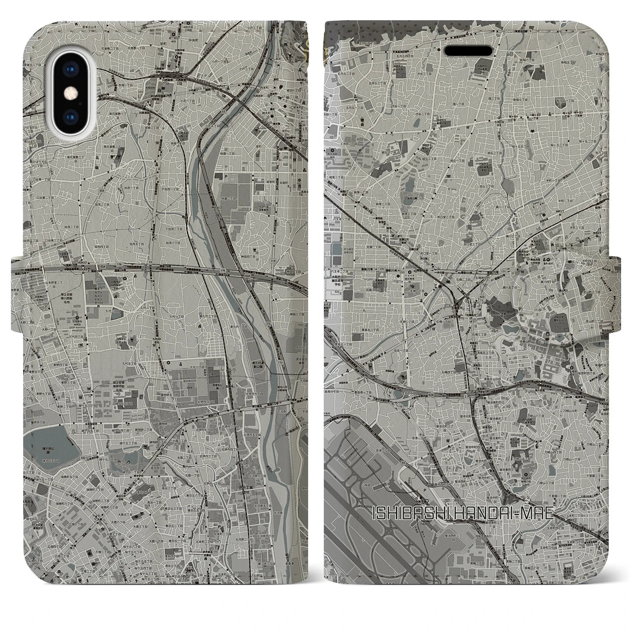 【石橋阪大前（大阪府）】地図柄iPhoneケース（手帳タイプ）モノトーン・iPhone XS Max 用