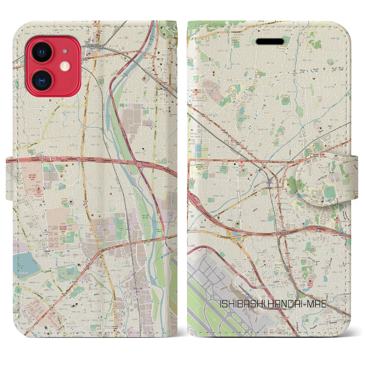 【石橋阪大前（大阪府）】地図柄iPhoneケース（手帳タイプ）ナチュラル・iPhone 11 用