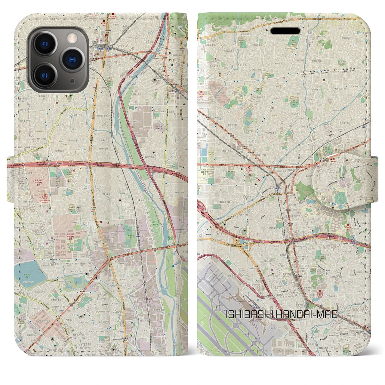 【石橋阪大前（大阪府）】地図柄iPhoneケース（手帳タイプ）ナチュラル・iPhone 11 Pro Max 用