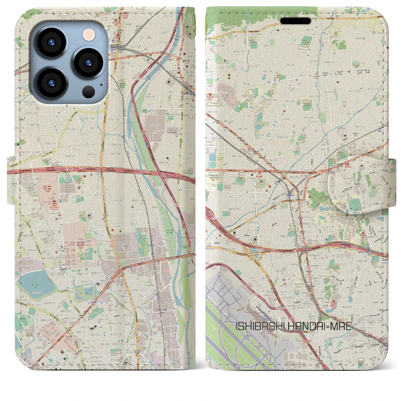 【石橋阪大前（大阪府）】地図柄iPhoneケース（手帳タイプ）ナチュラル・iPhone 13 Pro Max 用