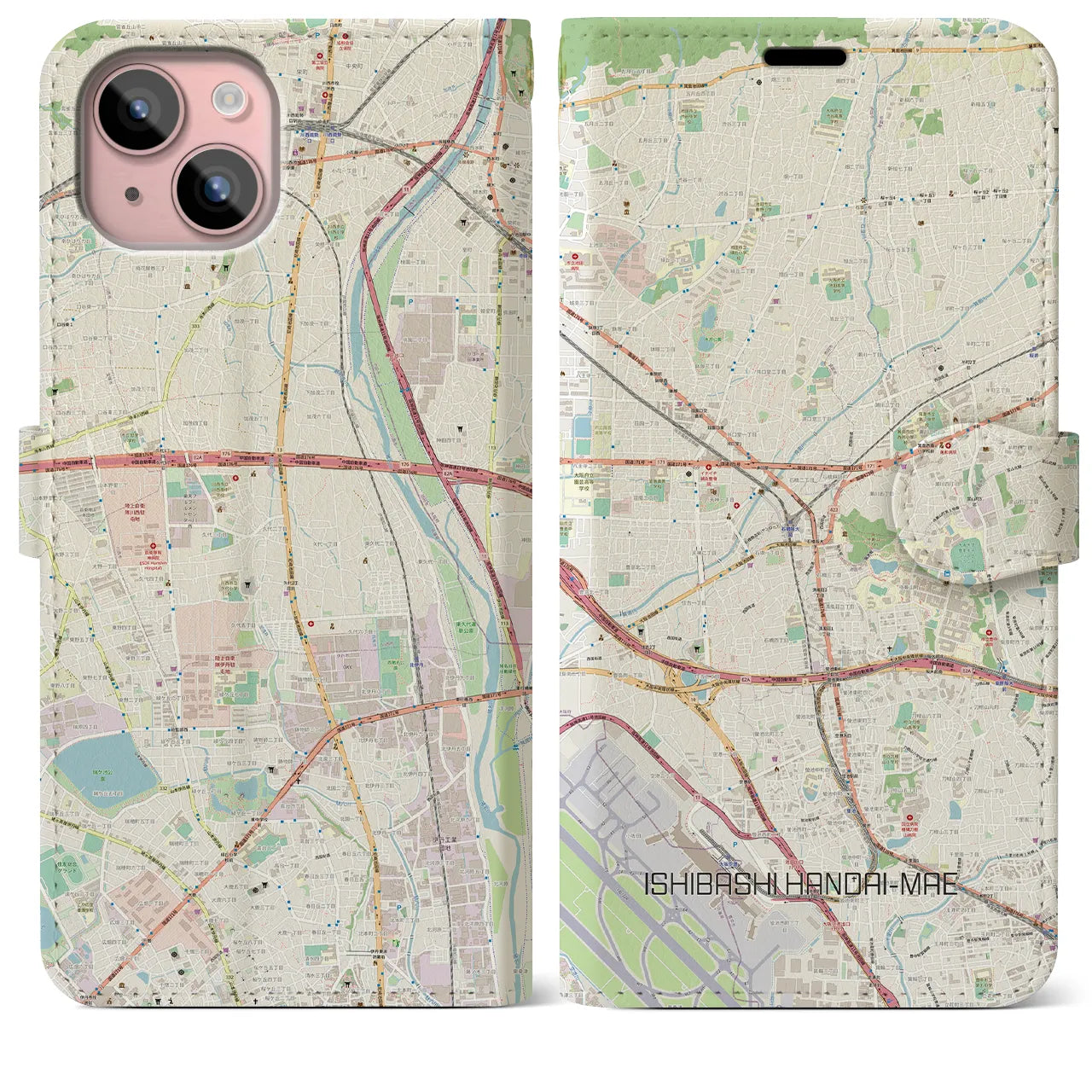 【石橋阪大前（大阪府）】地図柄iPhoneケース（手帳タイプ）ナチュラル・iPhone 15 Plus 用