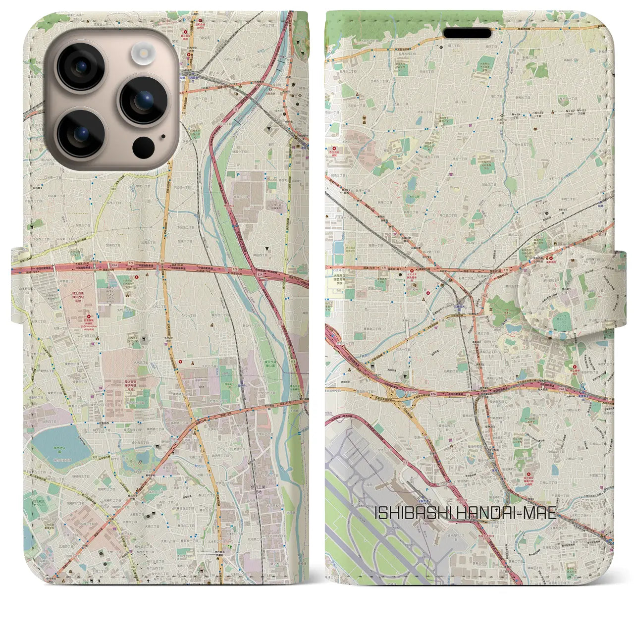 【石橋阪大前（大阪府）】地図柄iPhoneケース（手帳タイプ）ナチュラル・iPhone 16 Plus 用