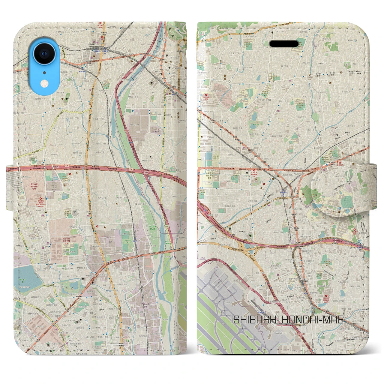 【石橋阪大前（大阪府）】地図柄iPhoneケース（手帳タイプ）ナチュラル・iPhone XR 用