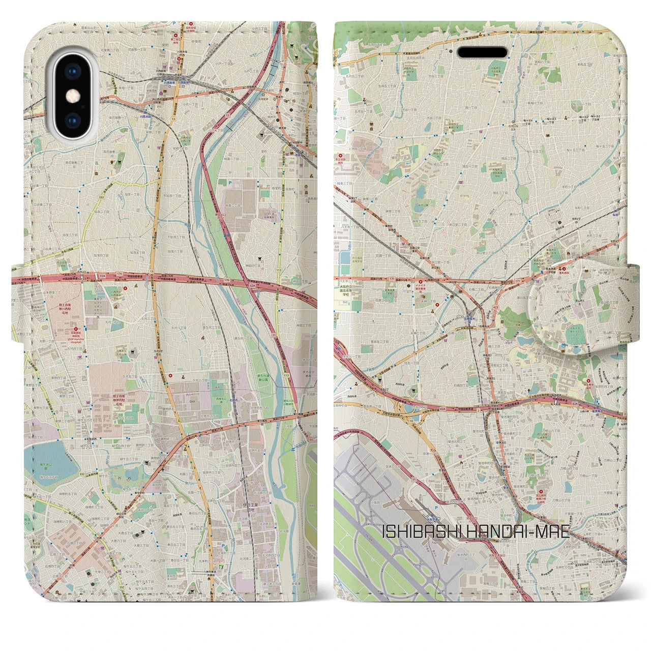 【石橋阪大前（大阪府）】地図柄iPhoneケース（手帳タイプ）ナチュラル・iPhone XS Max 用