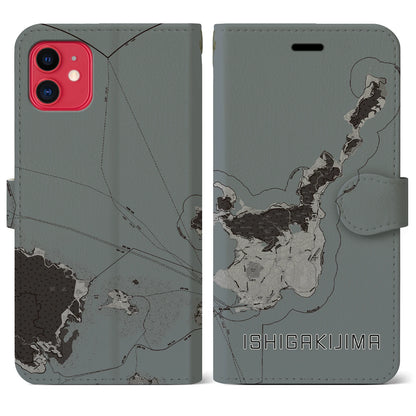 【石垣島（沖縄県）】地図柄iPhoneケース（手帳タイプ）モノトーン・iPhone 11 用