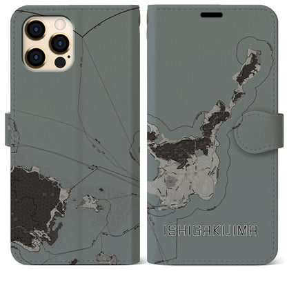 【石垣島（沖縄県）】地図柄iPhoneケース（手帳タイプ）モノトーン・iPhone 12 Pro Max 用