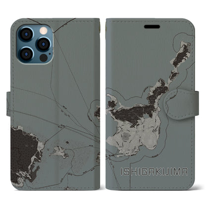 【石垣島（沖縄県）】地図柄iPhoneケース（手帳タイプ）モノトーン・iPhone 12 / 12 Pro 用