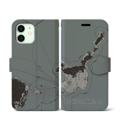 【石垣島（沖縄県）】地図柄iPhoneケース（手帳タイプ）モノトーン・iPhone 12 mini 用