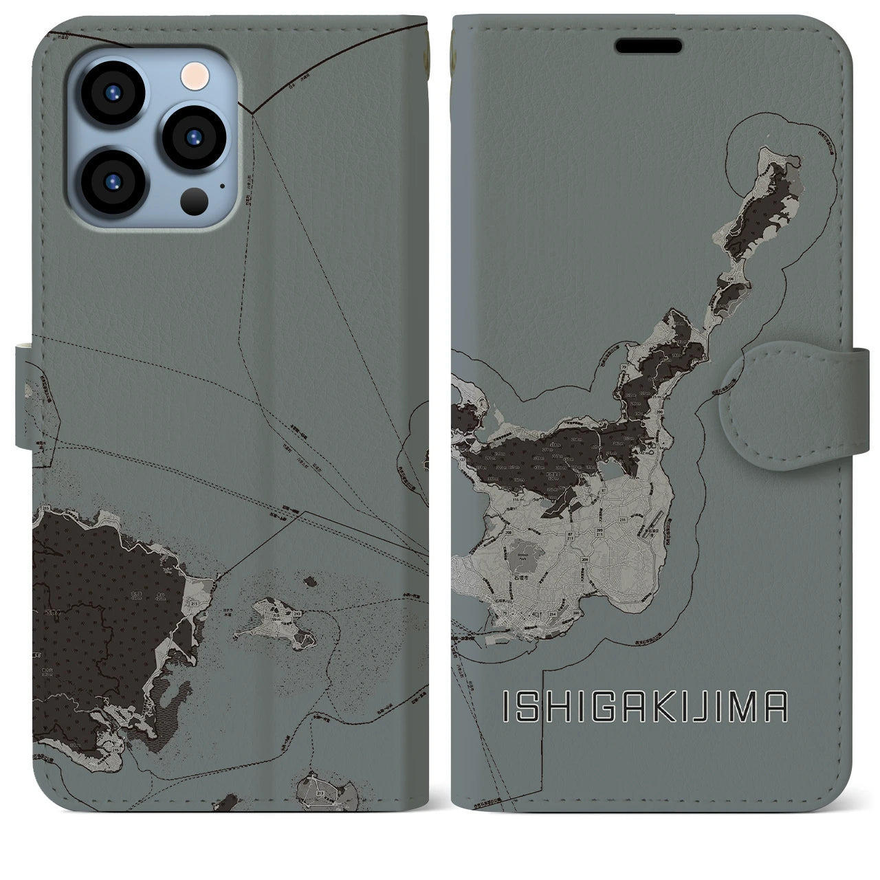 【石垣島】地図柄iPhoneケース（手帳両面タイプ・モノトーン）iPhone 13 Pro Max 用