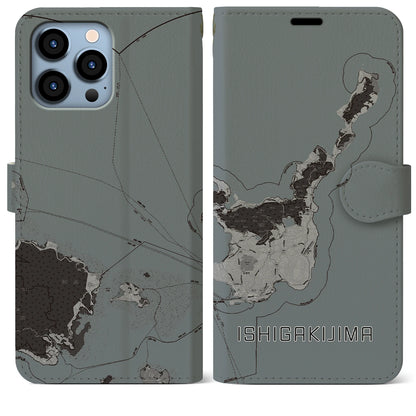 【石垣島（沖縄県）】地図柄iPhoneケース（手帳タイプ）モノトーン・iPhone 13 Pro Max 用