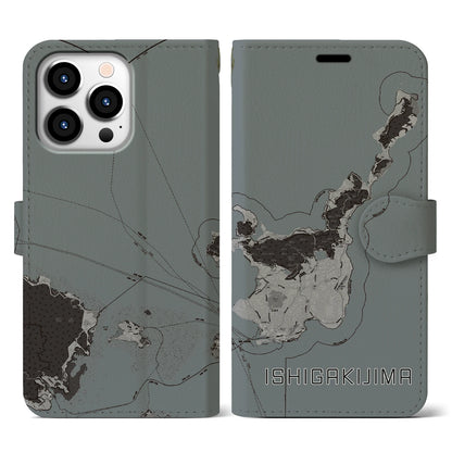 【石垣島（沖縄県）】地図柄iPhoneケース（手帳タイプ）モノトーン・iPhone 13 Pro 用
