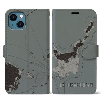 【石垣島（沖縄県）】地図柄iPhoneケース（手帳タイプ）モノトーン・iPhone 13 用