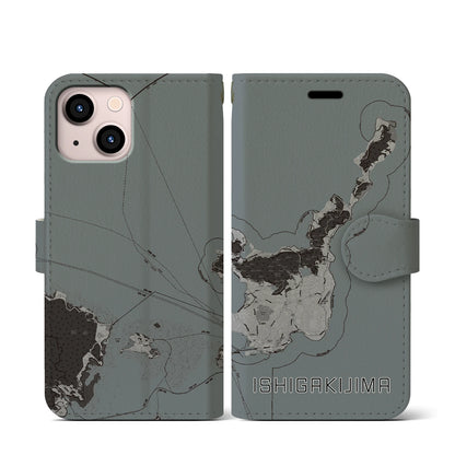 【石垣島（沖縄県）】地図柄iPhoneケース（手帳タイプ）モノトーン・iPhone 13 mini 用