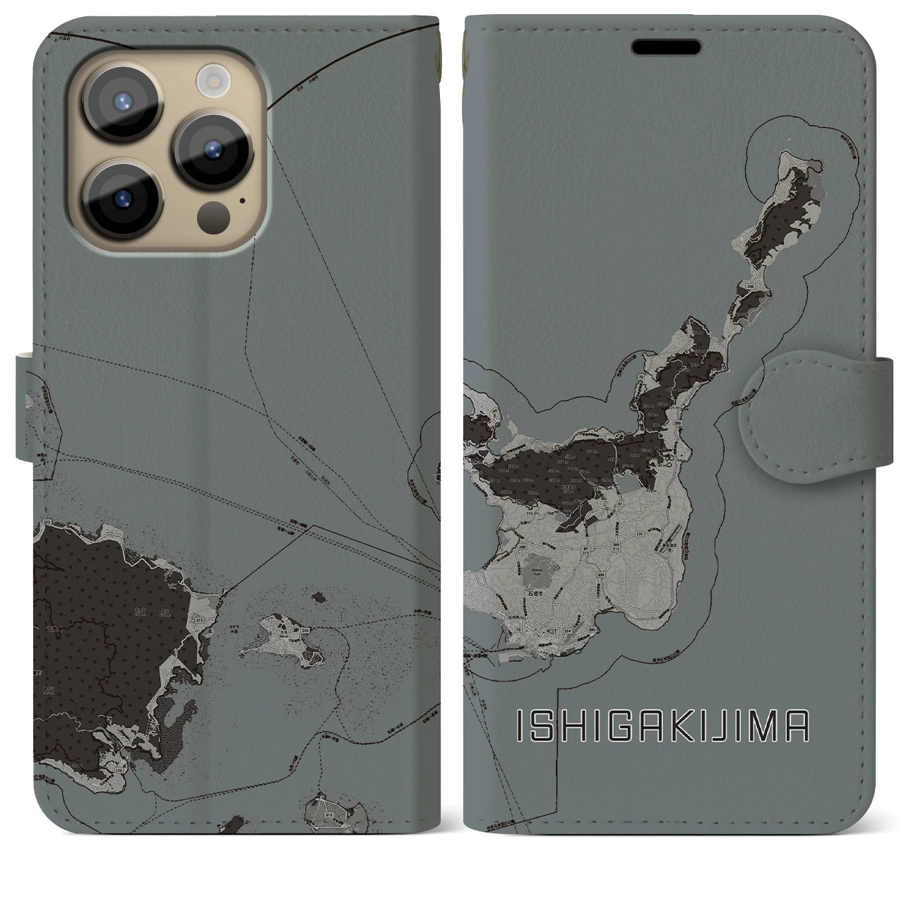 【石垣島】地図柄iPhoneケース（手帳両面タイプ・モノトーン）iPhone 14 Pro Max 用