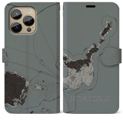【石垣島（沖縄県）】地図柄iPhoneケース（手帳タイプ）モノトーン・iPhone 14 Pro Max 用