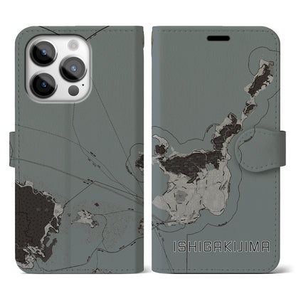 【石垣島（沖縄県）】地図柄iPhoneケース（手帳タイプ）モノトーン・iPhone 14 Pro 用