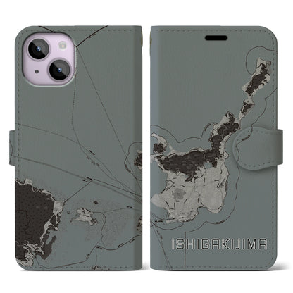 【石垣島（沖縄県）】地図柄iPhoneケース（手帳タイプ）モノトーン・iPhone 14 用
