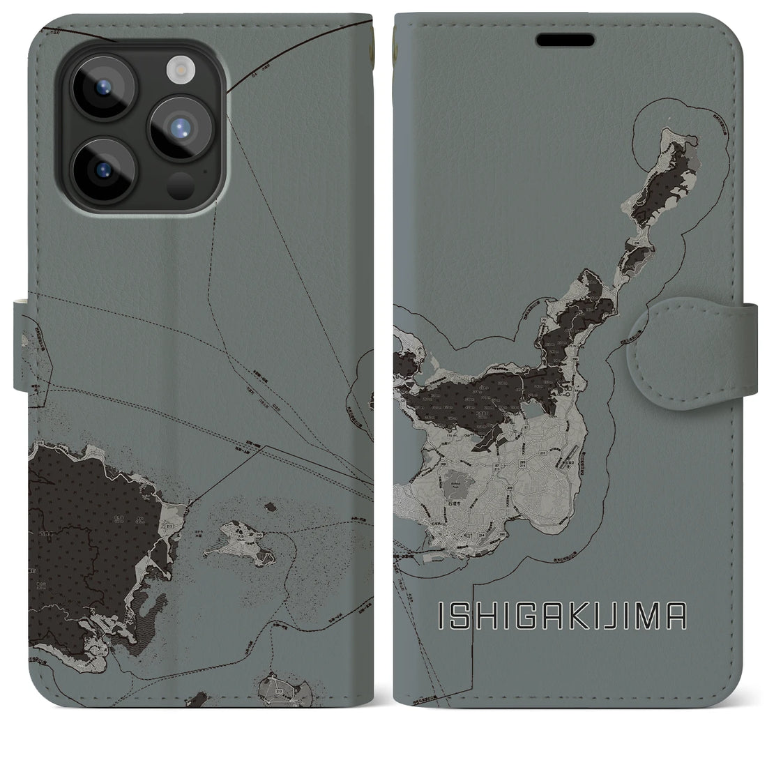 【石垣島】地図柄iPhoneケース（手帳両面タイプ・モノトーン）iPhone 15 Pro Max 用