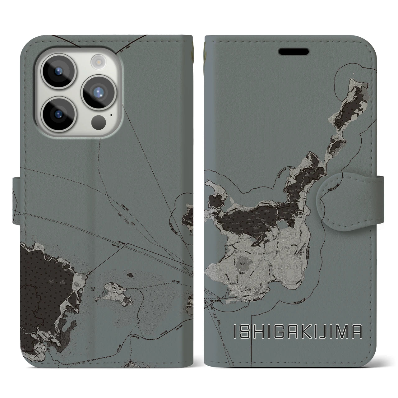 【石垣島】地図柄iPhoneケース（手帳両面タイプ・モノトーン）iPhone 15 Pro 用