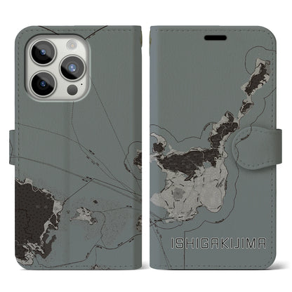【石垣島（沖縄県）】地図柄iPhoneケース（手帳タイプ）モノトーン・iPhone 15 Pro 用