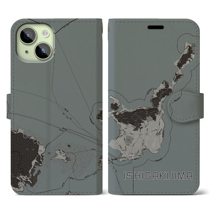 【石垣島（沖縄県）】地図柄iPhoneケース（手帳タイプ）モノトーン・iPhone 15 用