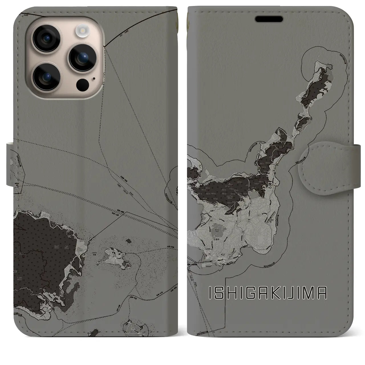 【石垣島（沖縄県）】地図柄iPhoneケース（手帳タイプ）モノトーン・iPhone 16 Plus 用