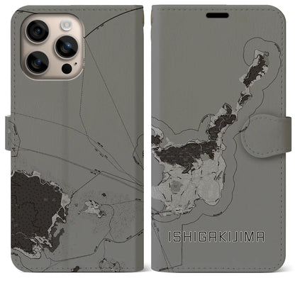 【石垣島（沖縄県）】地図柄iPhoneケース（手帳タイプ）モノトーン・iPhone 16 Plus 用