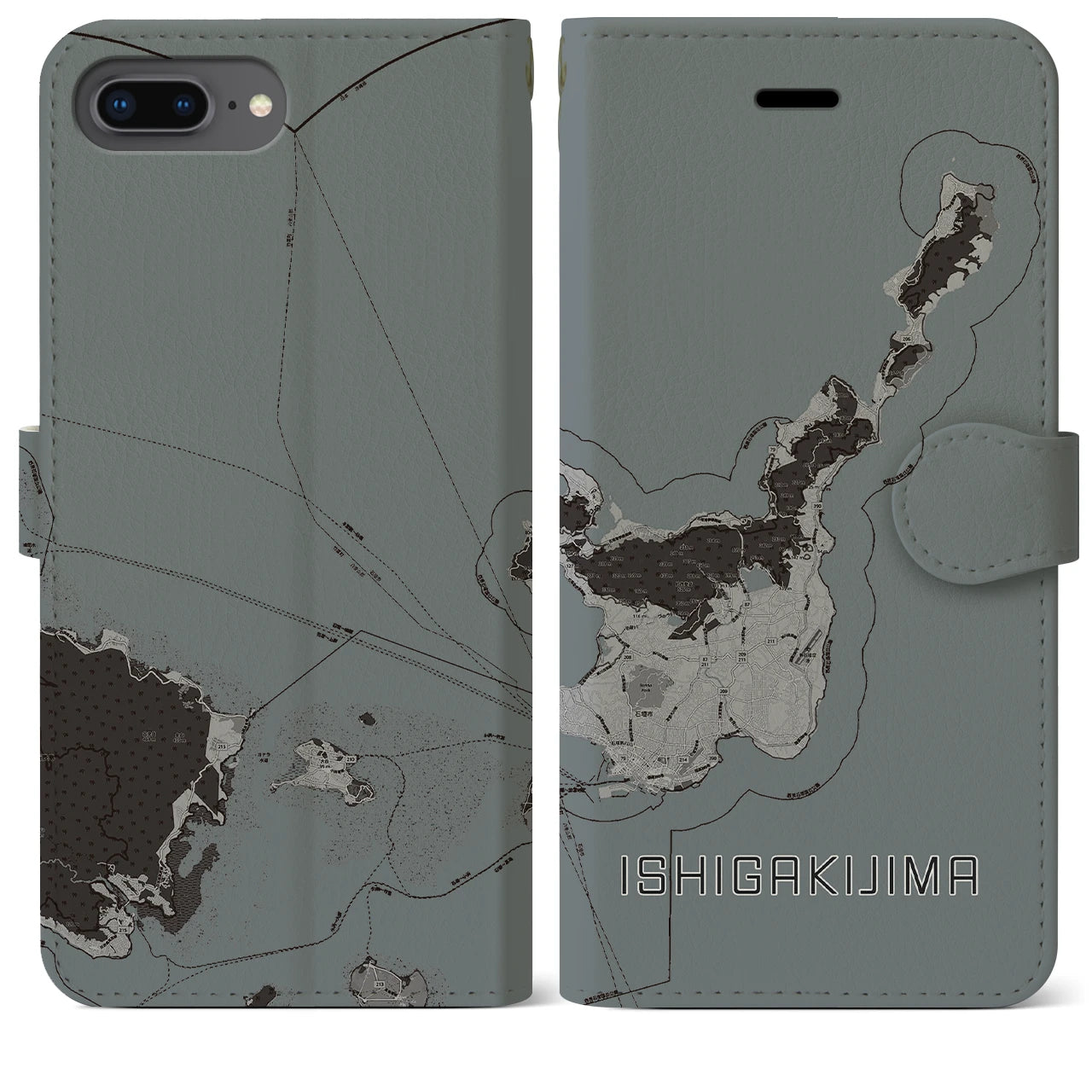 【石垣島】地図柄iPhoneケース（手帳両面タイプ・モノトーン）iPhone 8Plus /7Plus / 6sPlus / 6Plus 用