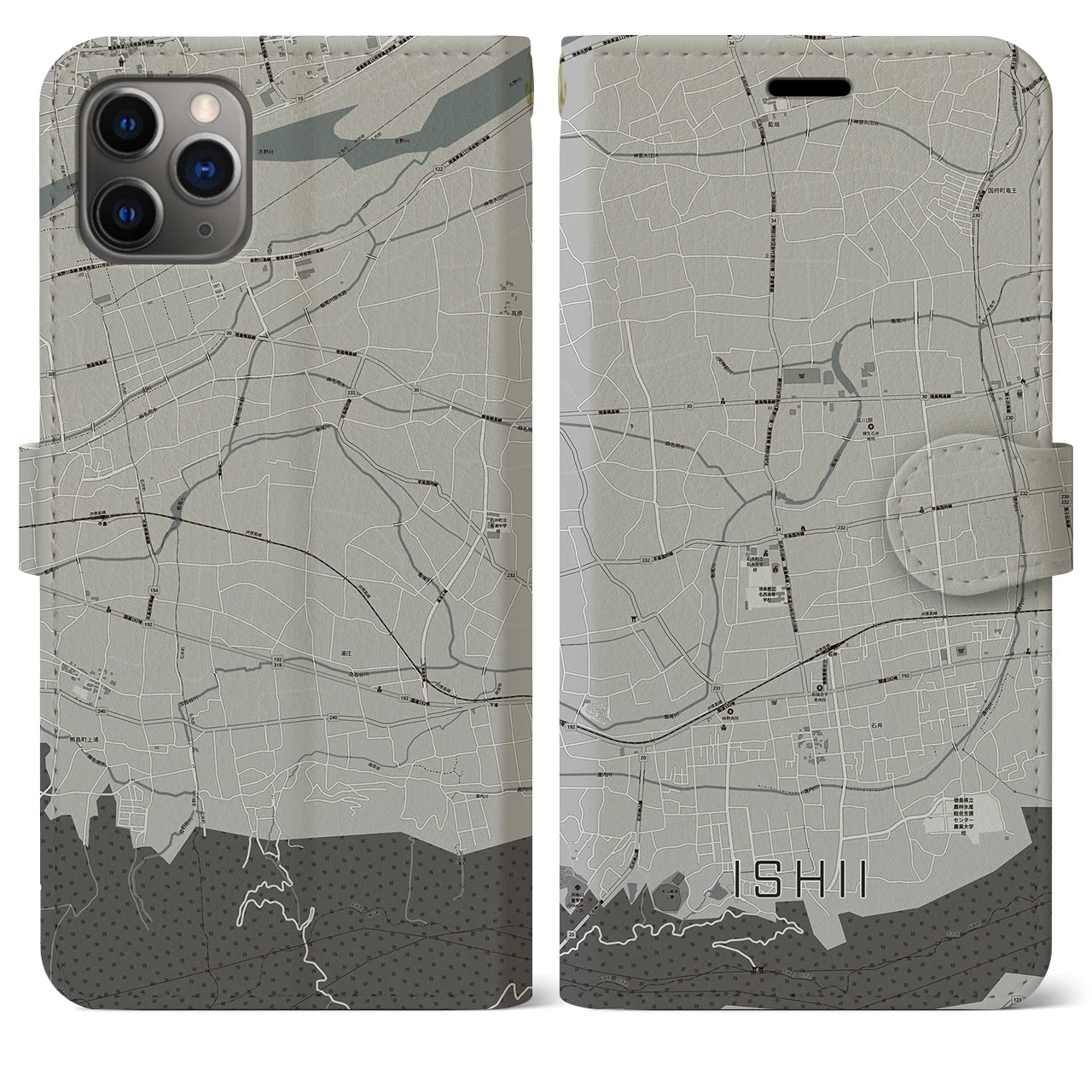 【石井】地図柄iPhoneケース（手帳両面タイプ・モノトーン）iPhone 11 Pro Max 用