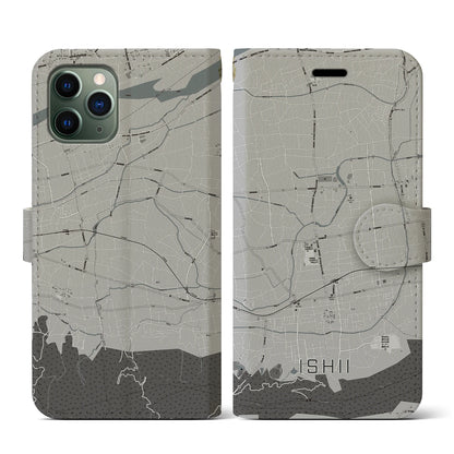【石井（徳島県）】地図柄iPhoneケース（手帳タイプ）モノトーン・iPhone 11 Pro 用