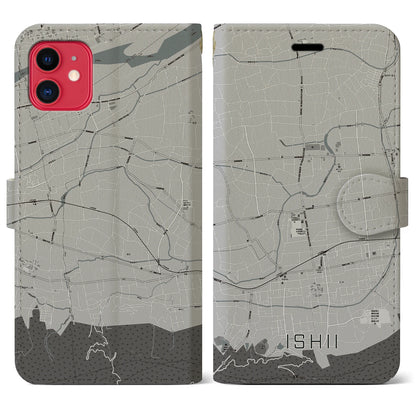 【石井（徳島県）】地図柄iPhoneケース（手帳タイプ）モノトーン・iPhone 11 用