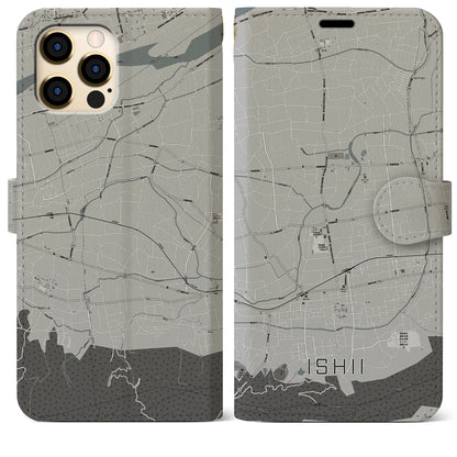 【石井（徳島県）】地図柄iPhoneケース（手帳タイプ）モノトーン・iPhone 12 Pro Max 用