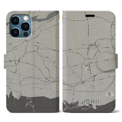 【石井（徳島県）】地図柄iPhoneケース（手帳タイプ）モノトーン・iPhone 12 / 12 Pro 用