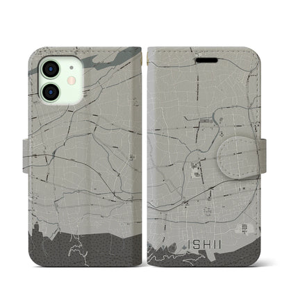 【石井（徳島県）】地図柄iPhoneケース（手帳タイプ）モノトーン・iPhone 12 mini 用