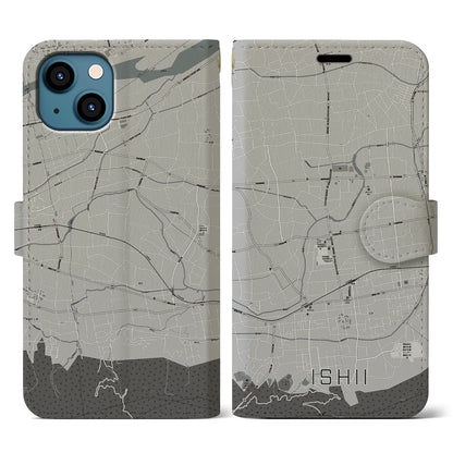 【石井（徳島県）】地図柄iPhoneケース（手帳タイプ）モノトーン・iPhone 13 用