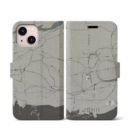 【石井（徳島県）】地図柄iPhoneケース（手帳タイプ）モノトーン・iPhone 13 mini 用