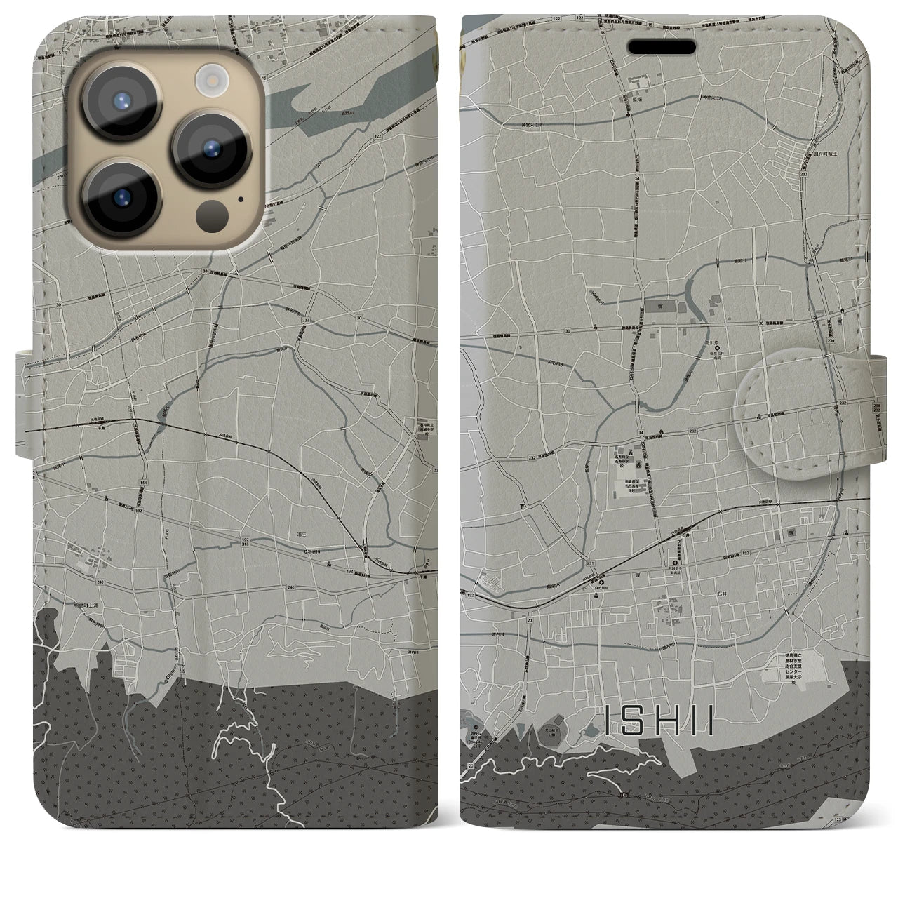 【石井】地図柄iPhoneケース（手帳両面タイプ・モノトーン）iPhone 14 Pro Max 用