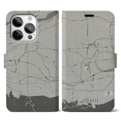 【石井（徳島県）】地図柄iPhoneケース（手帳タイプ）モノトーン・iPhone 14 Pro 用