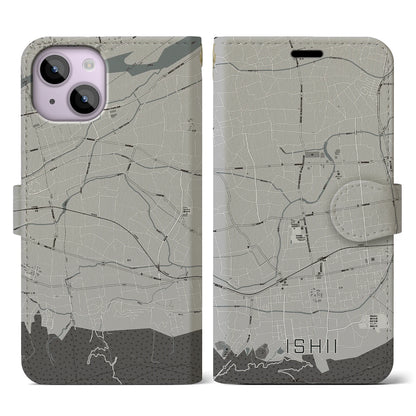 【石井（徳島県）】地図柄iPhoneケース（手帳タイプ）モノトーン・iPhone 14 用