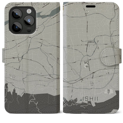 【石井（徳島県）】地図柄iPhoneケース（手帳タイプ）モノトーン・iPhone 15 Pro Max 用