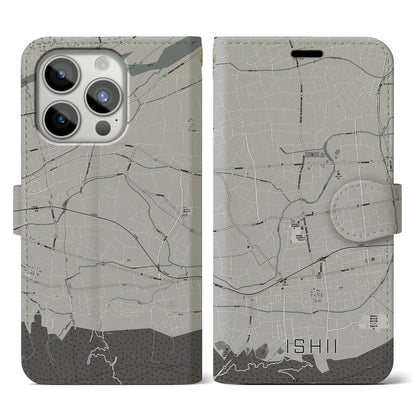 【石井（徳島県）】地図柄iPhoneケース（手帳タイプ）モノトーン・iPhone 15 Pro 用