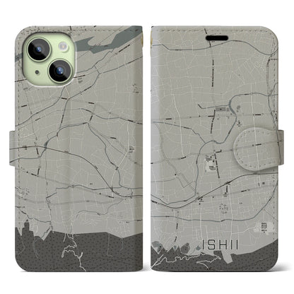 【石井（徳島県）】地図柄iPhoneケース（手帳タイプ）モノトーン・iPhone 15 用