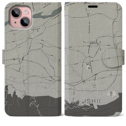 【石井（徳島県）】地図柄iPhoneケース（手帳タイプ）モノトーン・iPhone 15 Plus 用