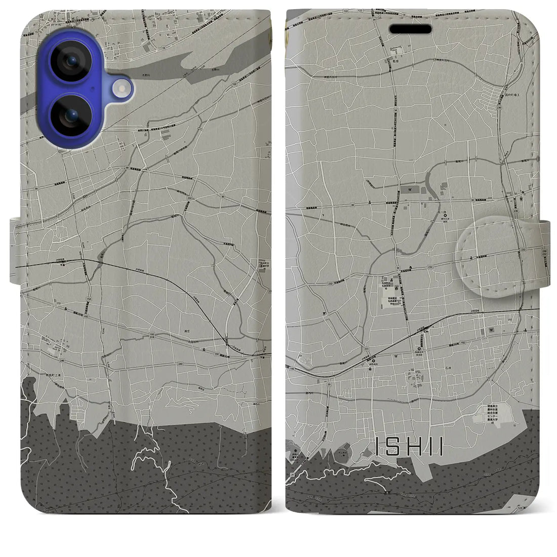 【石井(徳島県)】地図柄iPhoneケース(手帳タイプ)モノトーン・iPhone 16 Pro Max 用