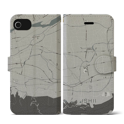 【石井（徳島県）】地図柄iPhoneケース（手帳タイプ）モノトーン・iPhone SE（第3 / 第2世代） / 8 / 7 / 6s / 6 用