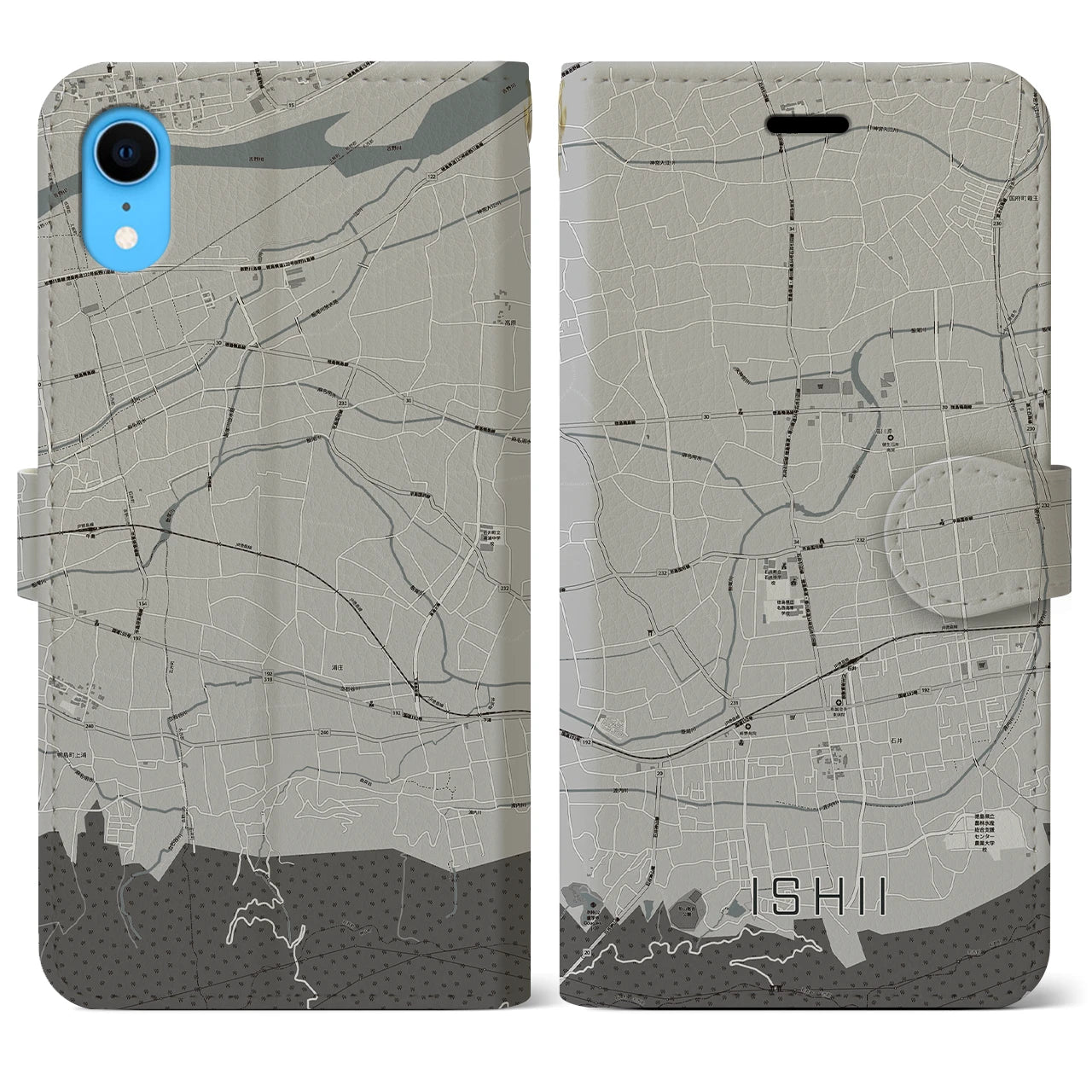 【石井】地図柄iPhoneケース（手帳両面タイプ・モノトーン）iPhone XR 用